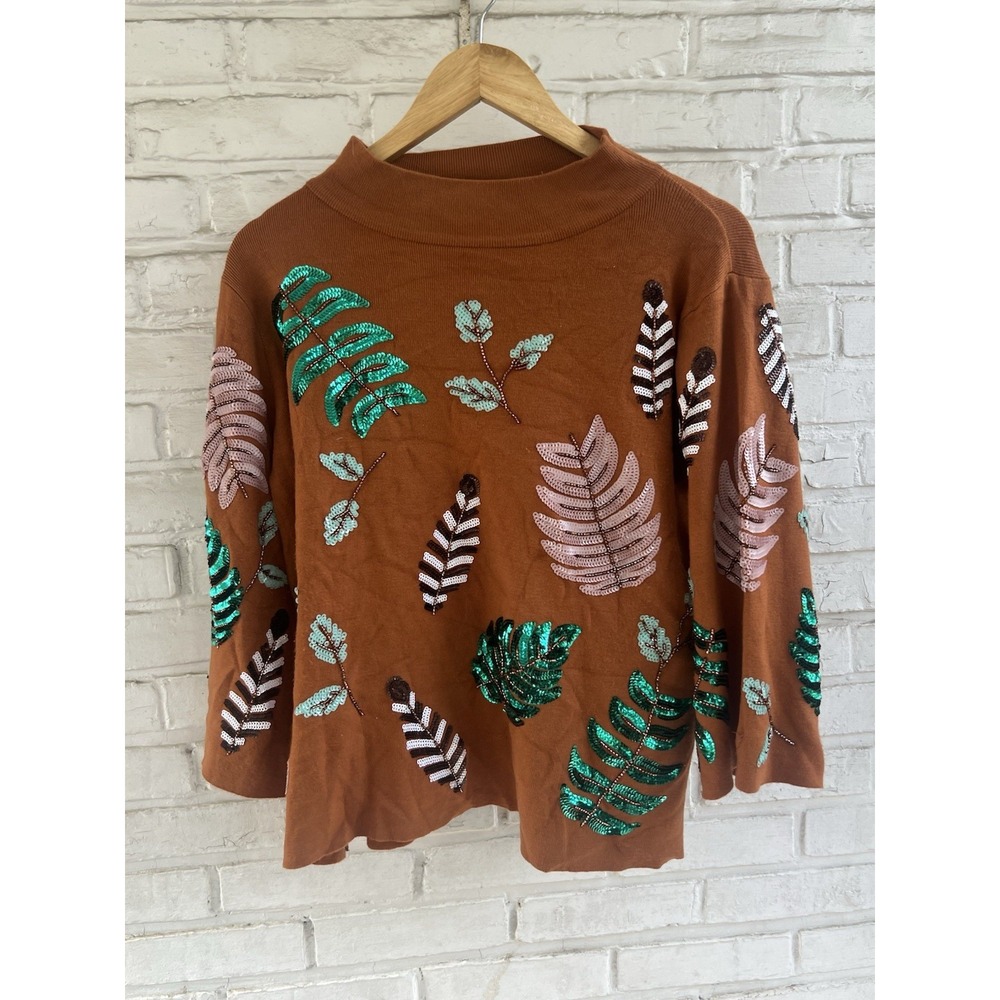 Fate Floral Sequin Burnt Orange Turtleneck Size Small